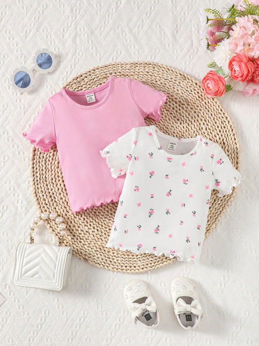 Conjunto Casual de 2 peças para bebê menina: Top Estampado Floral com Bordas Franzidas de Cor Sólida