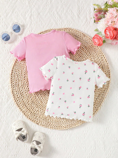 Conjunto Casual de 2 peças para bebê menina: Top Estampado Floral com Bordas Franzidas de Cor Sólida