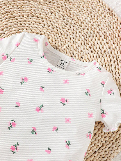 Conjunto Casual de 2 peças para bebê menina: Top Estampado Floral com Bordas Franzidas de Cor Sólida