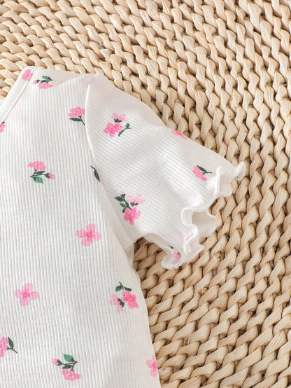 Conjunto Casual de 2 peças para bebê menina: Top Estampado Floral com Bordas Franzidas de Cor Sólida