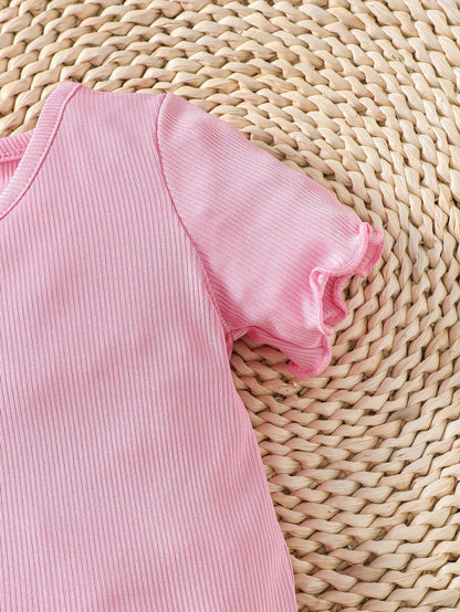 Conjunto Casual de 2 peças para bebê menina: Top Estampado Floral com Bordas Franzidas de Cor Sólida
