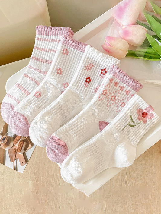 5 pares de meias cano médio com renda floral para meninas, estilos fofos de desenhos animados para primavera/outono/inverno, serve em idades de 6-12 meses, 1-2 anos, 2-3 anos, 3-8 anos