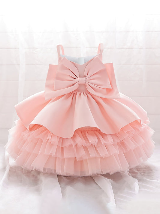 Vestido tutu sem mangas de malha de cetim sólido para bebê menina com grande decoração de laço, Vestido romântico e elegante, adequado para festas de aniversário.