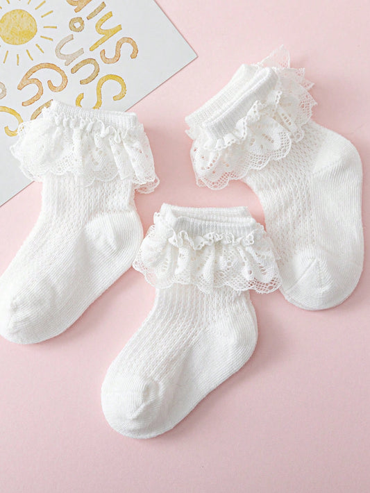 3 Pares de Meias de Renda Princesa Respiráveis de Malha de Verão para Meninas Bebê, Estilos Variados