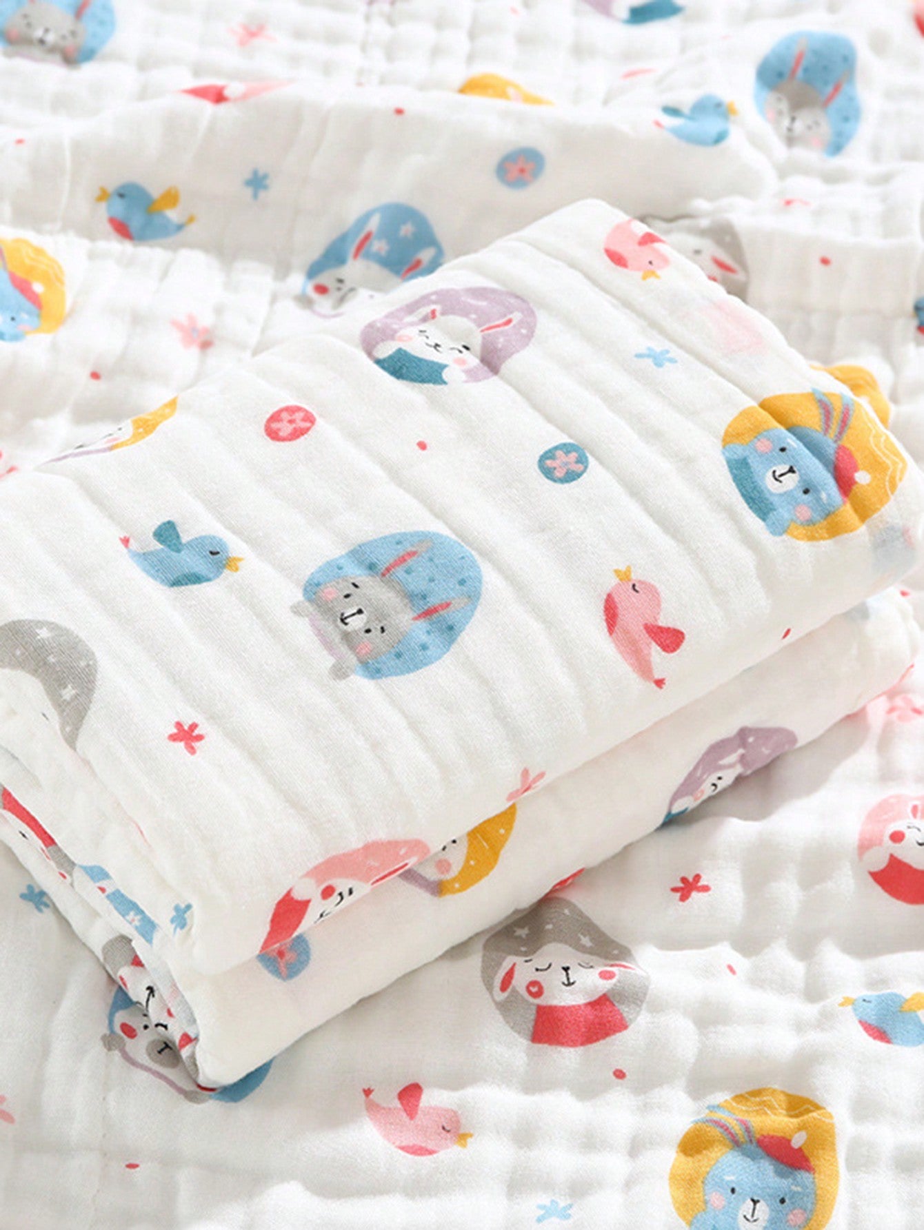 1 Peça Toalha De Banho/blanket/wrap Para Bebês 0-1 Ano, Quatro Camadas, Desenho Animado, Adequada Para Todas As Estações, Alta Absorção.