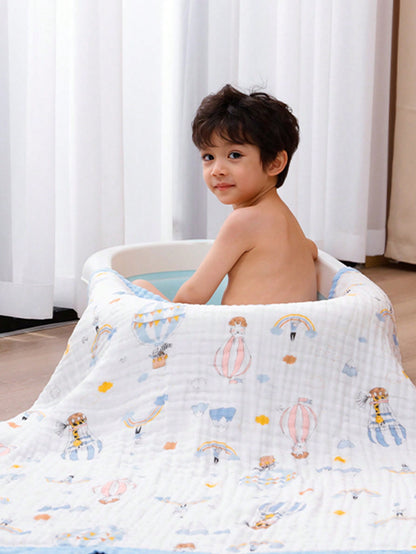 1 Peça Toalha De Banho/blanket/wrap Para Bebês 0-1 Ano, Quatro Camadas, Desenho Animado, Adequada Para Todas As Estações, Alta Absorção.