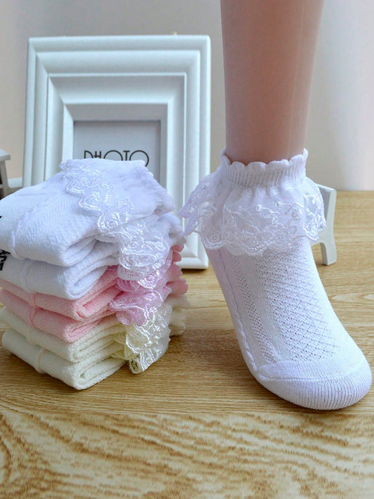 3 Pares de Meia Soquete Infantil de Dança de Festa de Renda com Cor Sólida, Fashion e Versátil