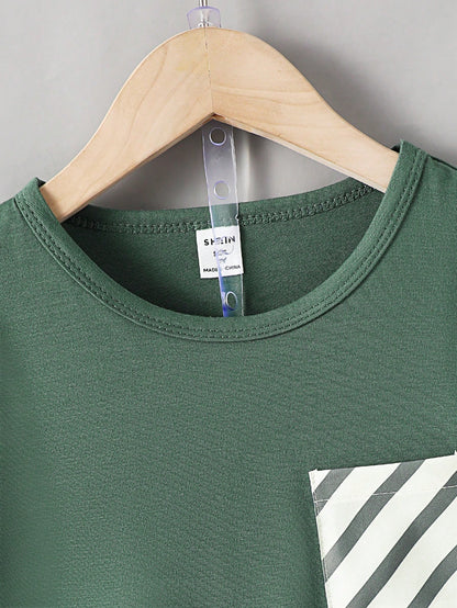 Conjunto De Camiseta De Manga Curta Simples Estilo Universitário E Calça Listrada Para Menino Jovem No Verão