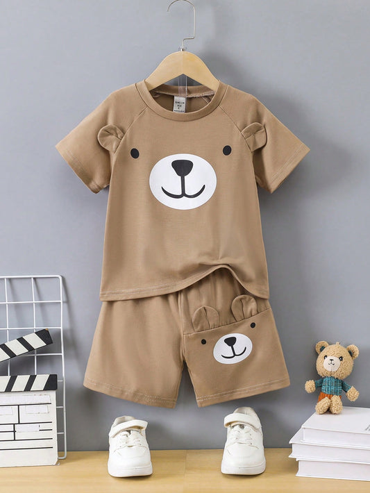 Conjunto De Camiseta E Shorts Para Verão Com Padrão De Urso Bonito E Design De Orelhas 3d Para Menino Jovem