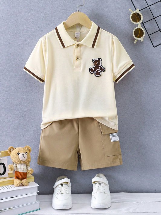 Conjunto De Camisa Pólo E Shorts De Manga Curta Com Remendo De Urso Para Menino