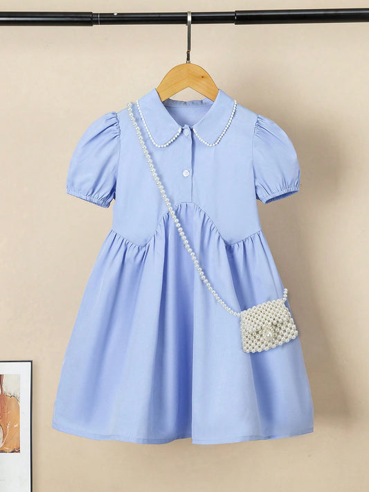 Vestido Urbano com Colarinho de Pérola Cor Azul Claro para Garotas Jovens, Casual e Versátil, Adequado para Primavera, Verão e Outono, Confortável e Adequado para Meninas de 4 a 7 anos de idade usarem na escola, em casa ou em festas