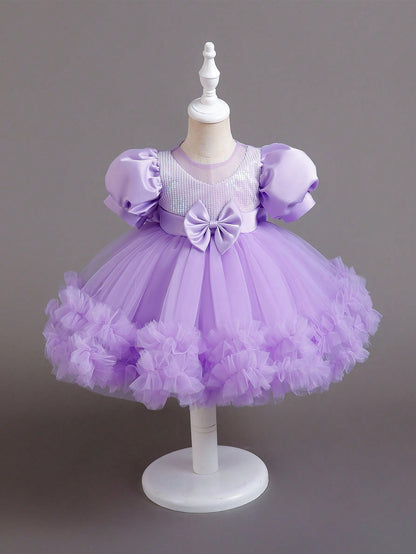 Vestido casual de princesa de festa de aniversário em malha e paetês para menina bebê
