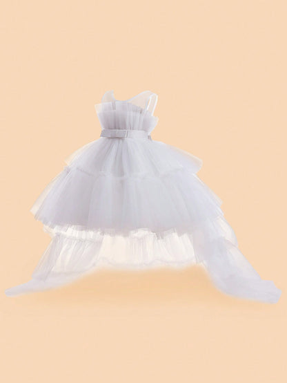 Vestido de Cauda de Tule em Camadas de Cor Sólida para Bebê Menina, Elegante Roupa Formal Adequada para Festas e Banquetes, Bainha Removível