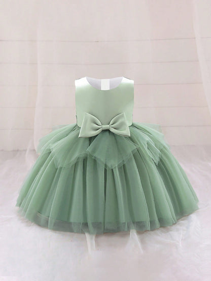 Vestido Formal para Bebê Menina, Tecido de Tule Estilo Doce com Decoração de Laço na Cintura, Adequado para Festa de Aniversário, Elegante e