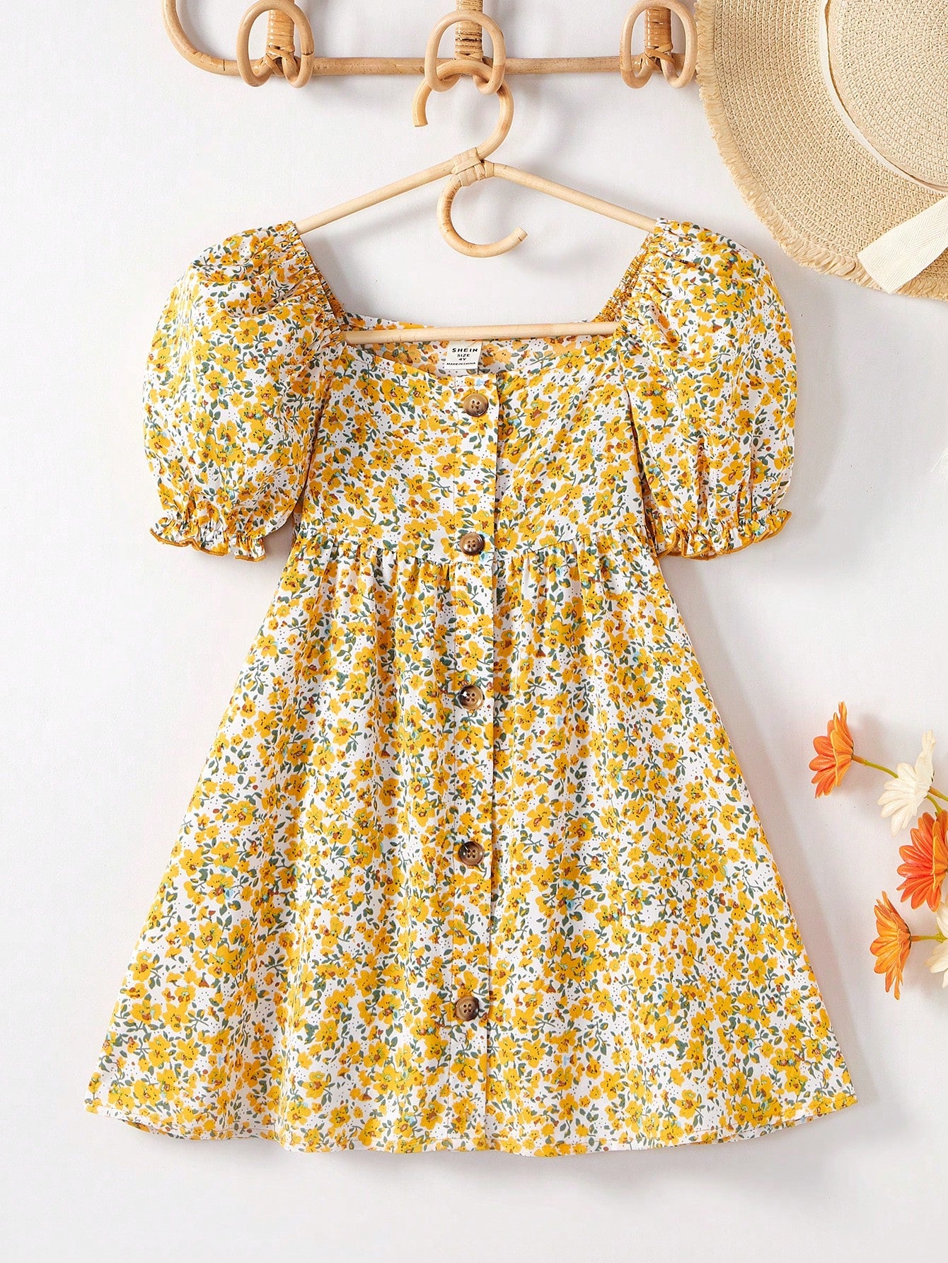Vestido Casual Integrado com Mangas Bufantes e Decote Quadrado Estampado para Jovens