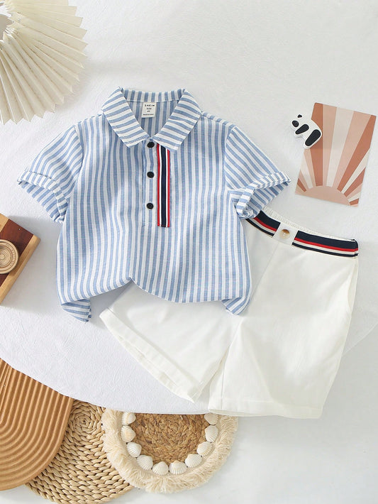 Conjunto De 2 Peças Camisa Casual Esportiva Com Lapela Listrada Colorida De Manga Curta E Shorts Brancos Com Detalhes Listrados Para Jovens Para Uso Diário, Escolar, Esportivo, Temporadas De Primavera E Verão