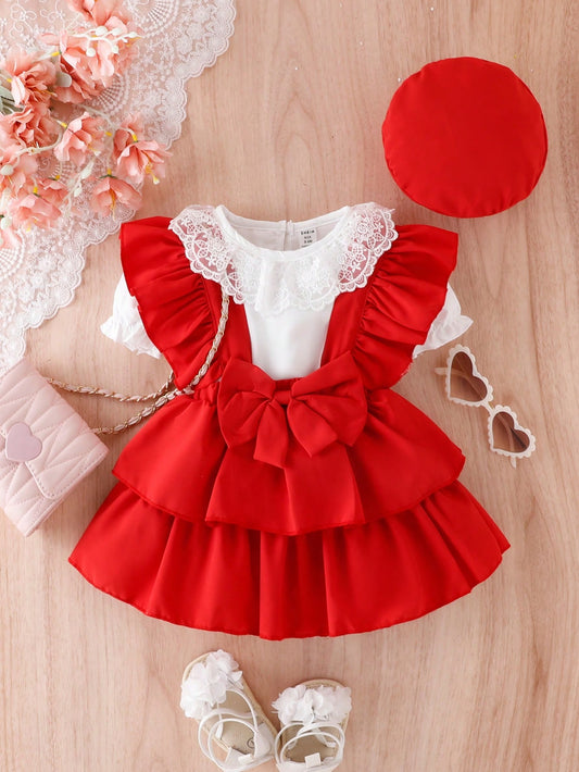 Conjunto De Top De Manga Puff Com Gola De Renda Para Bebê Menina E Vestido Com Bainha De Babados
