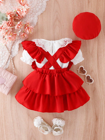 Conjunto De Top De Manga Puff Com Gola De Renda Para Bebê Menina E Vestido Com Bainha De Babados