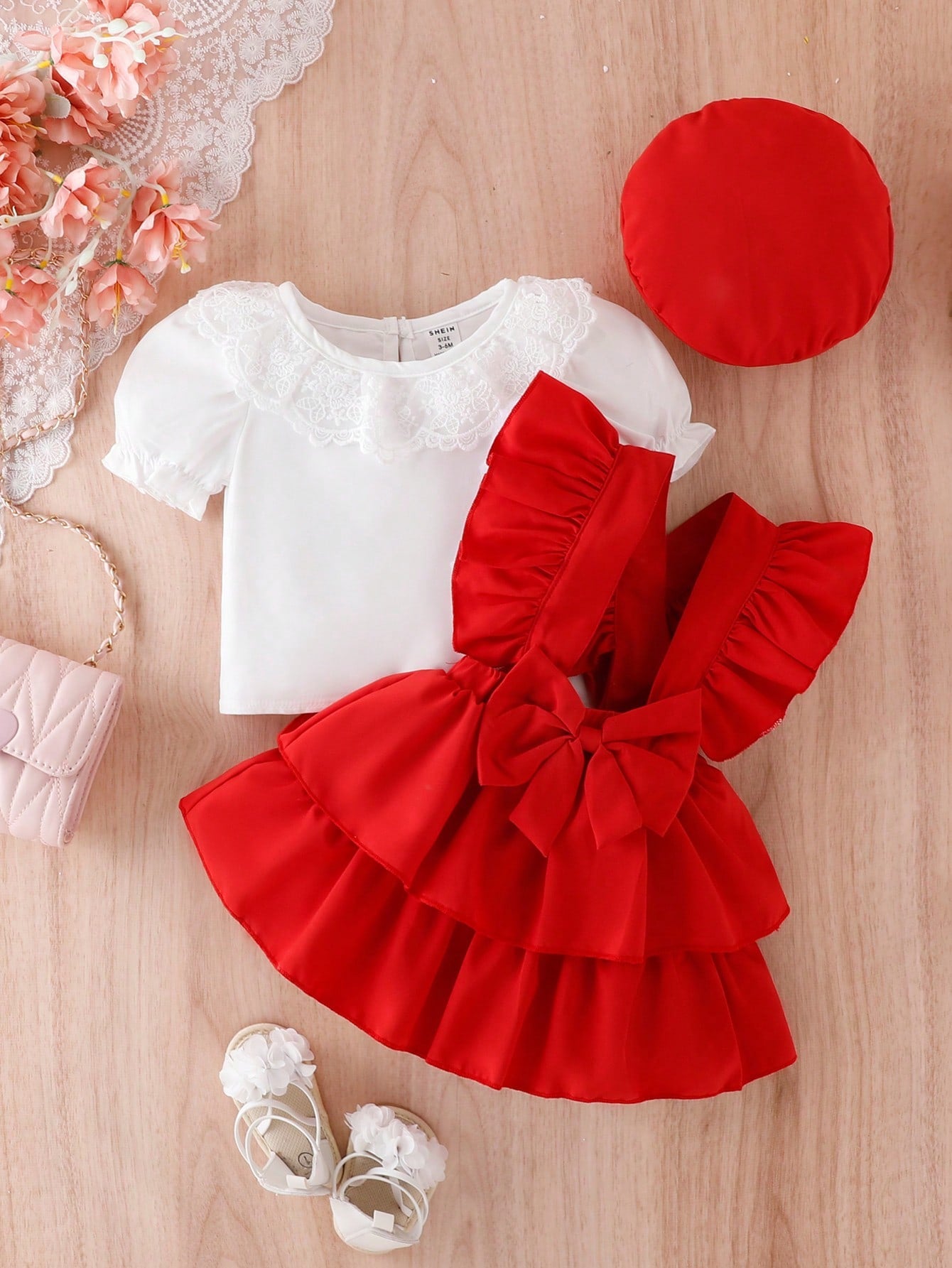 Conjunto De Top De Manga Puff Com Gola De Renda Para Bebê Menina E Vestido Com Bainha De Babados
