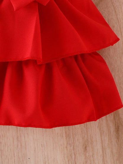 Conjunto De Top De Manga Puff Com Gola De Renda Para Bebê Menina E Vestido Com Bainha De Babados