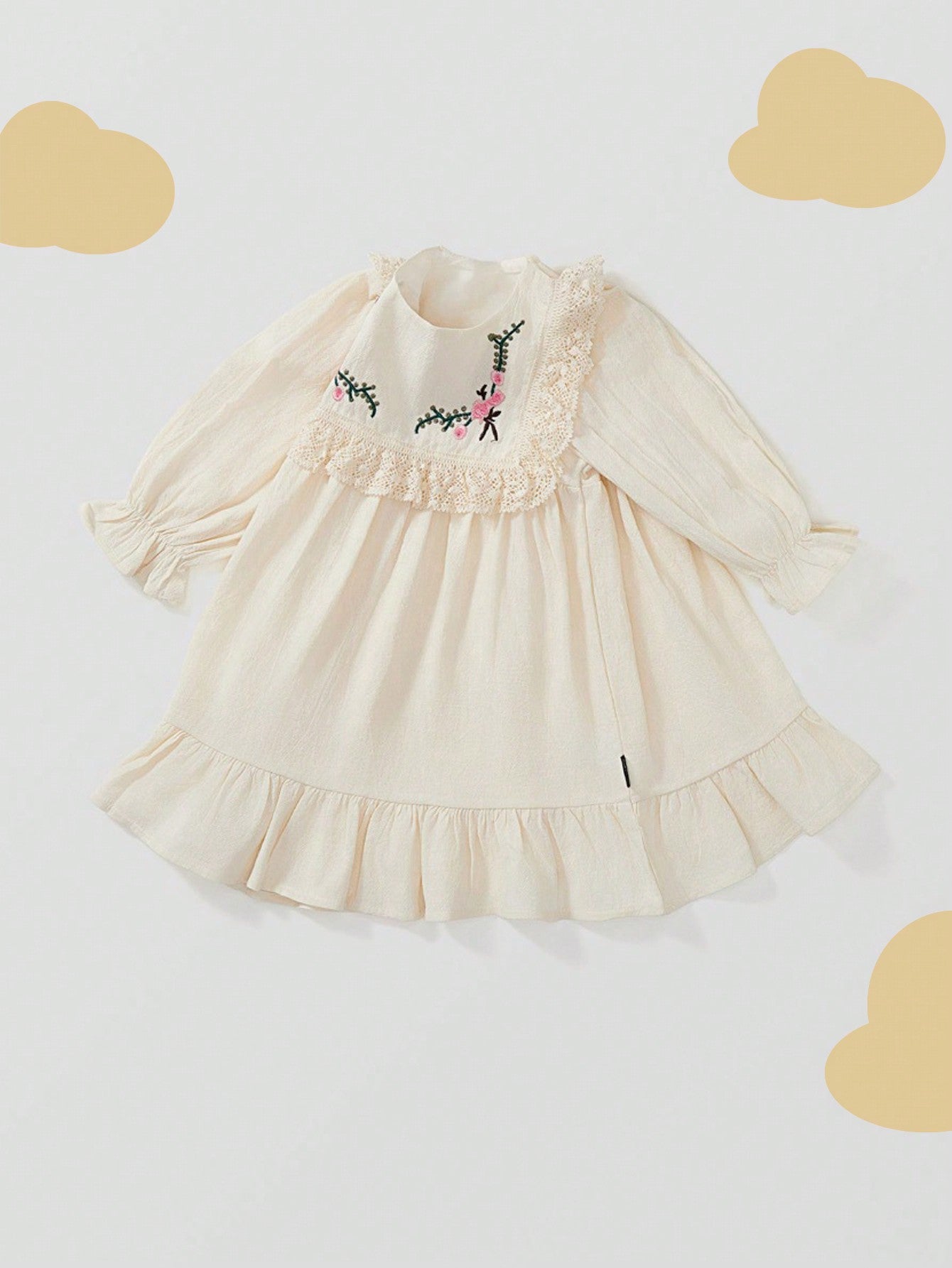 1 peça Vestido de Princesa com Manga Longa e Bainha com Babados Bordados com Flores para Outono