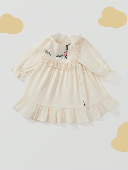 1 peça Vestido de Princesa com Manga Longa e Bainha com Babados Bordados com Flores para Outono