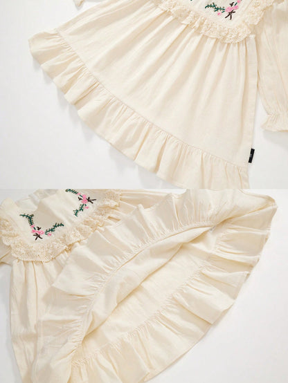 1 peça Vestido de Princesa com Manga Longa e Bainha com Babados Bordados com Flores para Outono