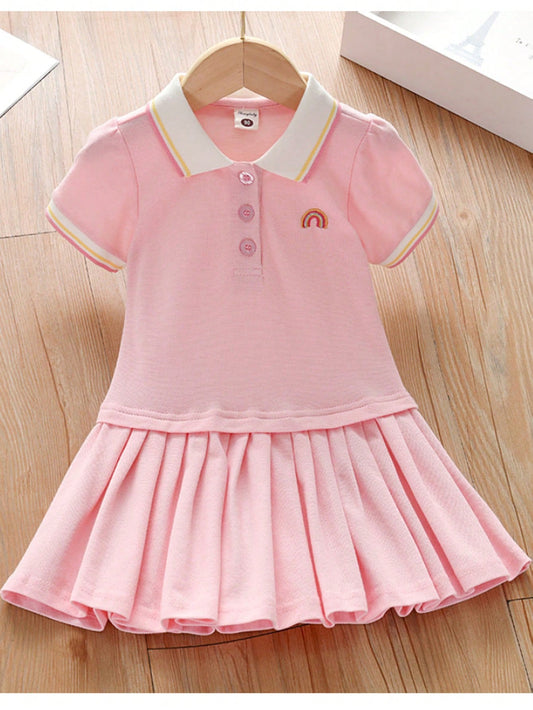 Vestido Polo de Manga Curta com Bloco de Cores Estilo Preppy e Bordado Arco-Íris para Verão Jovem 2024 Novo