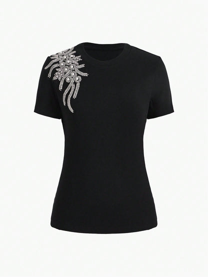 Camiseta Feminina Decorada Com Pérolas
