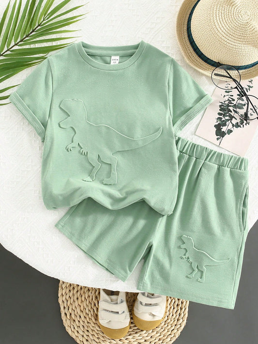 2 Peças/conjunto Camiseta De Manga Curta E Shorts Para Meninos Jovens Impresso Dinossauro Casual, Confortável E Macio, Adequado Para Primavera E Verão