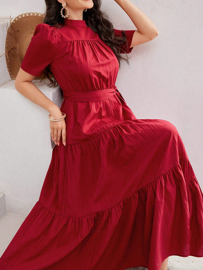 Vestido Feminino De Manga Puff Curta E Modelo Árabe Com Gola Alta