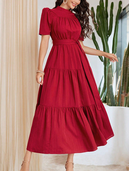 Vestido Feminino De Manga Puff Curta E Modelo Árabe Com Gola Alta