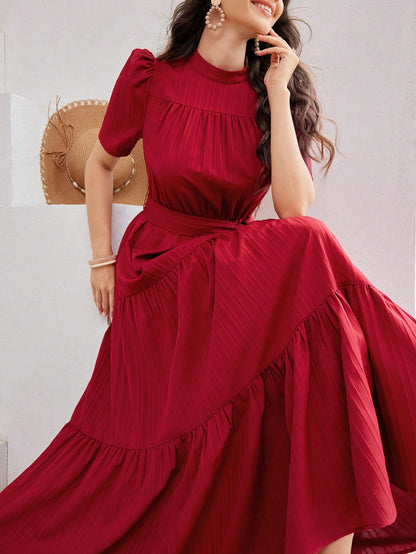 Vestido Feminino De Manga Puff Curta E Modelo Árabe Com Gola Alta
