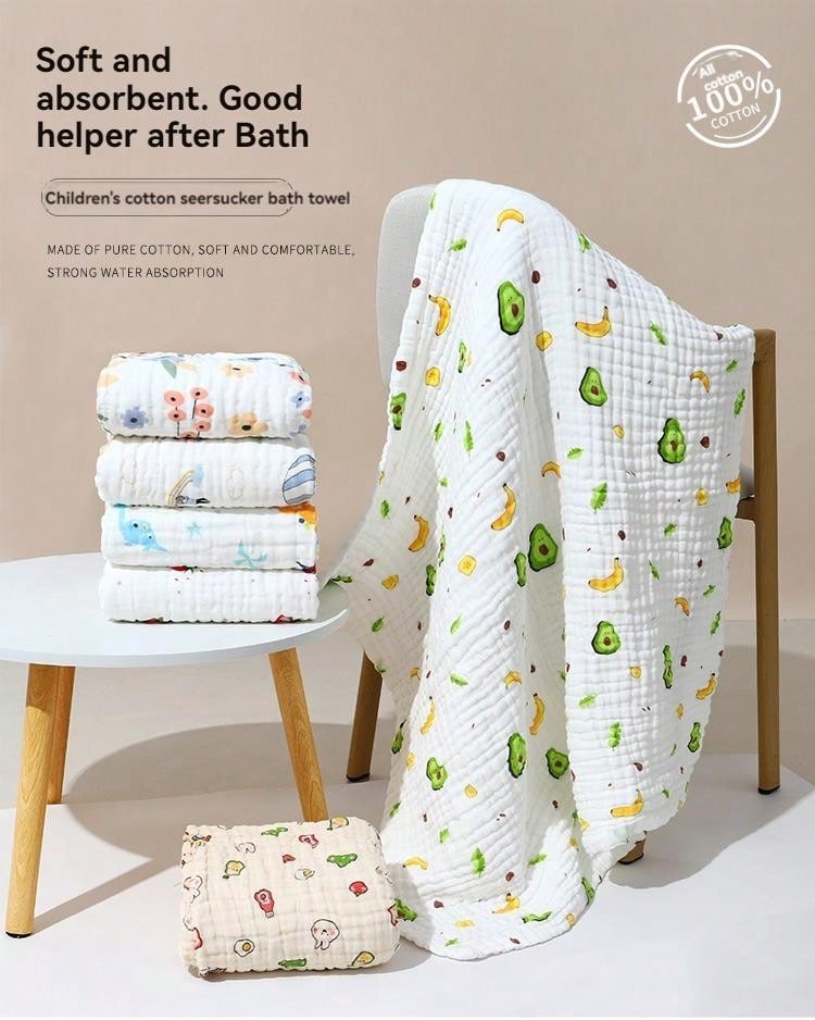 1 Peça Toalha De Banho/blanket/wrap Para Bebês 0-1 Ano, Quatro Camadas, Desenho Animado, Adequada Para Todas As Estações, Alta Absorção.