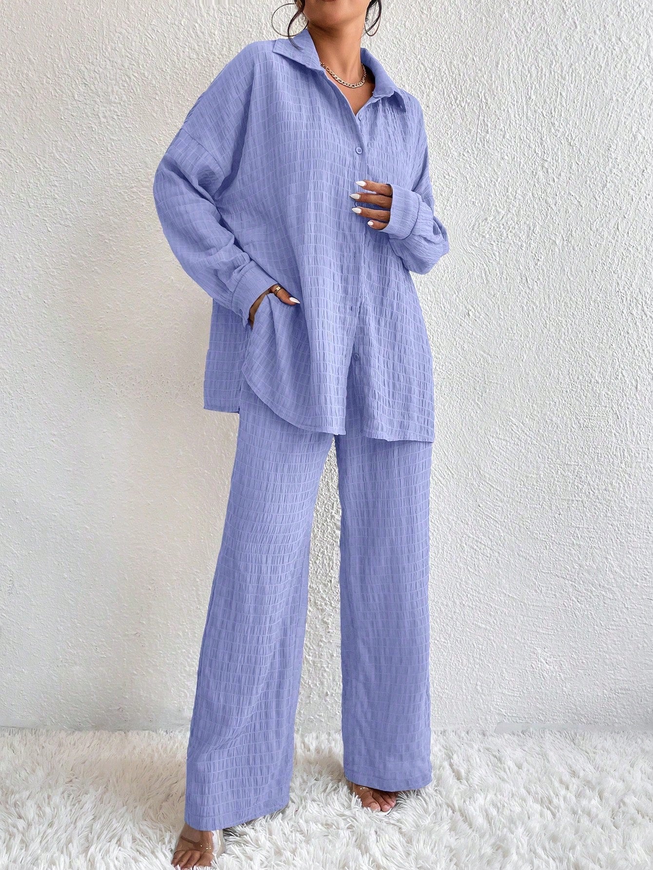 Conjunto Confy Sólido Ombro caído Camisa