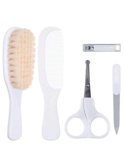 Buba Kit Cuidados e Higiene Bebê Escova Pente Tesoura Cortador de Unhas e Lixa Cerdas Naturais Buba Branco