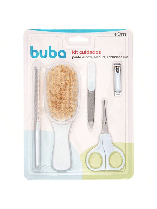 Buba Kit Cuidados e Higiene Bebê Escova Pente Tesoura Cortador de Unhas e Lixa Cerdas Naturais Buba Branco