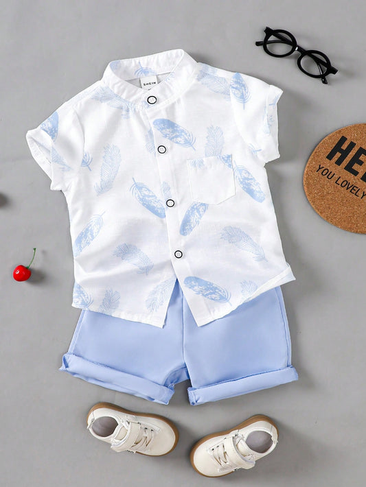 Conjunto De 2 Peças De Camisa De Manga Curta Com Gola Em Pé E Shorts Casuais Com Estampa De Penas Para Meninos, Roupas De Verão