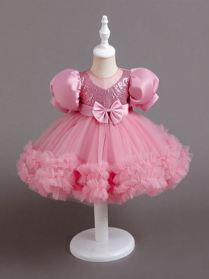 Vestido casual de princesa de festa de aniversário em malha e paetês para menina bebê