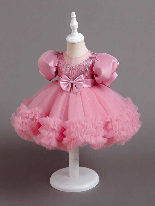 Vestido casual de princesa de festa de aniversário em malha e paetês para menina bebê