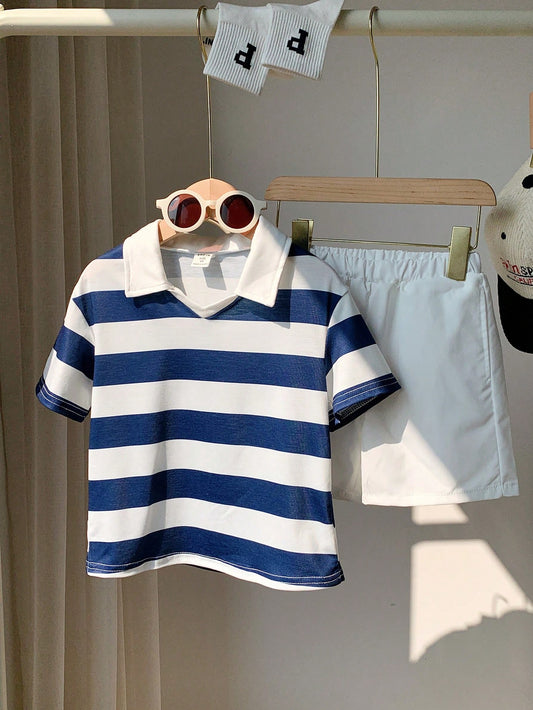 Conjunto de 2 peças estilo coreano para Menino Jovem Casual, Camisa de Manga Curta Listrada com Gola Dobrável ou Decote V e Ombros Caídos e Shorts de Cor Sólida