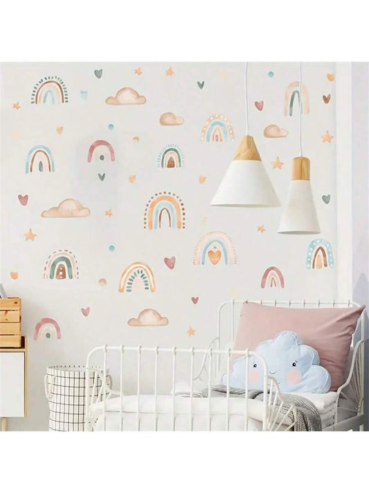 1 Conjunto Adesivos de Parede em Formato de Coração Arco-Íris, Estrela e Nuvem - Decoração de Parede do Quarto Infantil DIY