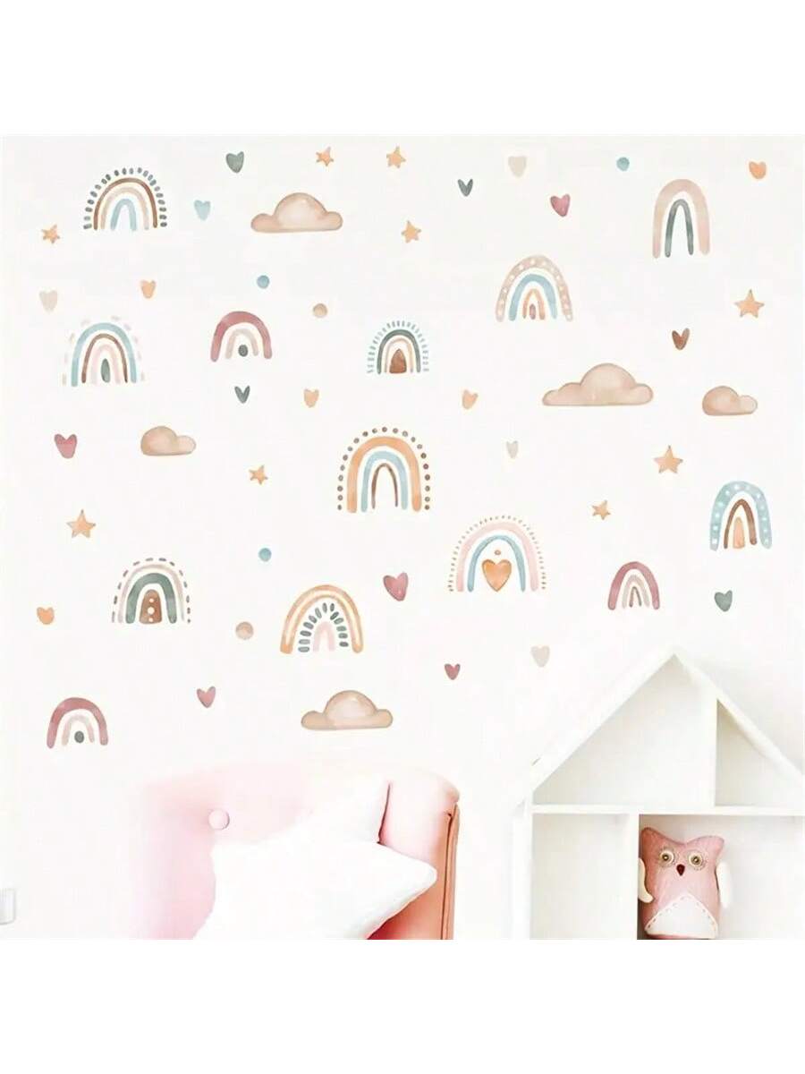 1 Conjunto Adesivos de Parede em Formato de Coração Arco-Íris, Estrela e Nuvem - Decoração de Parede do Quarto Infantil DIY