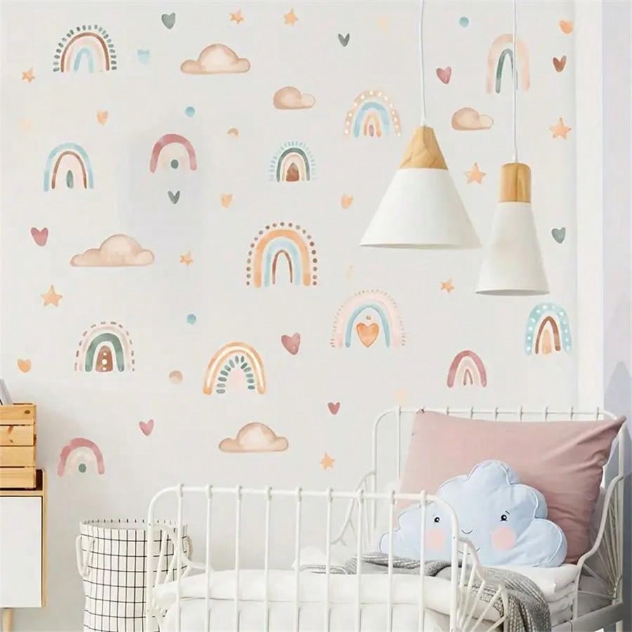 1 Conjunto Adesivos de Parede em Formato de Coração Arco-Íris, Estrela e Nuvem - Decoração de Parede do Quarto Infantil DIY