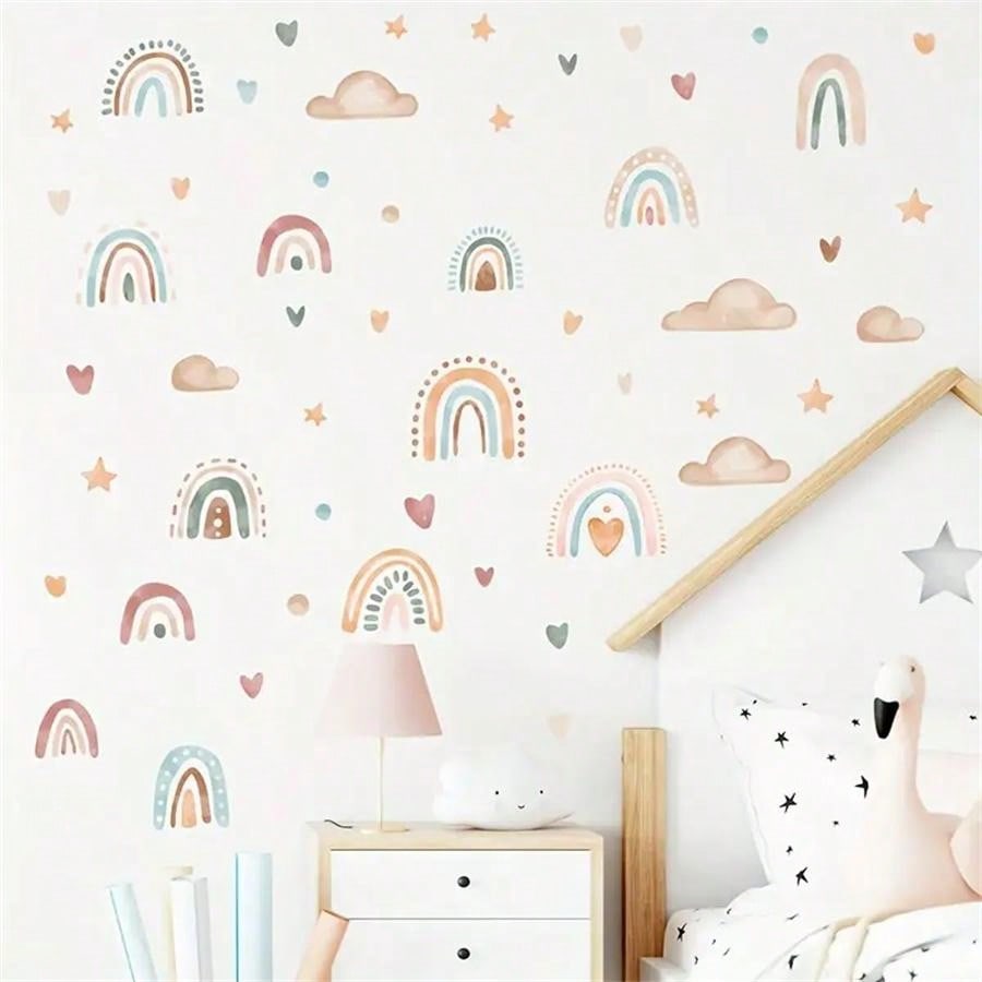 1 Conjunto Adesivos de Parede em Formato de Coração Arco-Íris, Estrela e Nuvem - Decoração de Parede do Quarto Infantil DIY