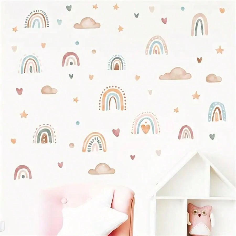 1 Conjunto Adesivos de Parede em Formato de Coração Arco-Íris, Estrela e Nuvem - Decoração de Parede do Quarto Infantil DIY