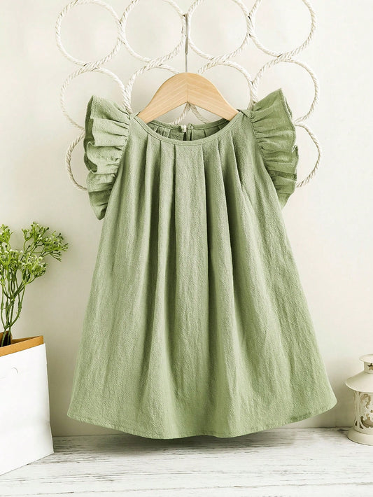 Vestido Solto de Bebê Menina com Mangas Tipo Cap e Gola Redonda em Cor Sólida para o Verão