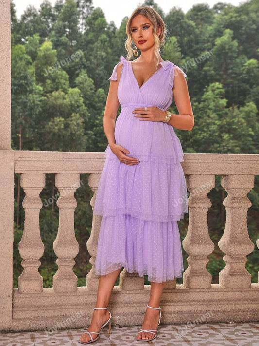 Vestido Multicamadas Elegante Para Maternidade Com Decote Em V Para O Verão