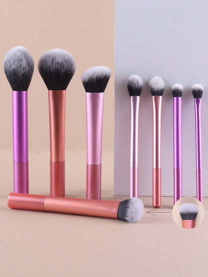 Conjunto de Pincéis de Maquiagem Multifuncionais com 8 peças, incluindo Puff, Pó, Blush, Base, Sombra, Esfumar e Contorno