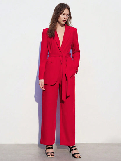 Conjunto de terno de trabalho feminino de Calça e Paletó de Mangas Longas com Lapela, de cor sólida bordô